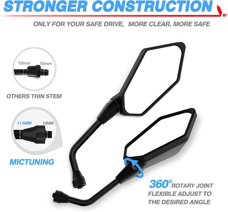 MICTUNING Universal Hawk-eye Motorcycle Convex Rear View Mirror - with 10mm Bolt, Handle Bar Mount Clamp Compatible with Cruiser, Suzuki, Honda, Victory and More - Image 3